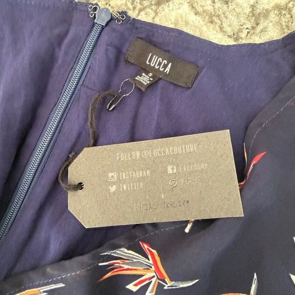 NEW Luca Couture Navy Blue Short Sleeve Romper Tropical Sheer Overlay Small NWT - Picture 11 of 13